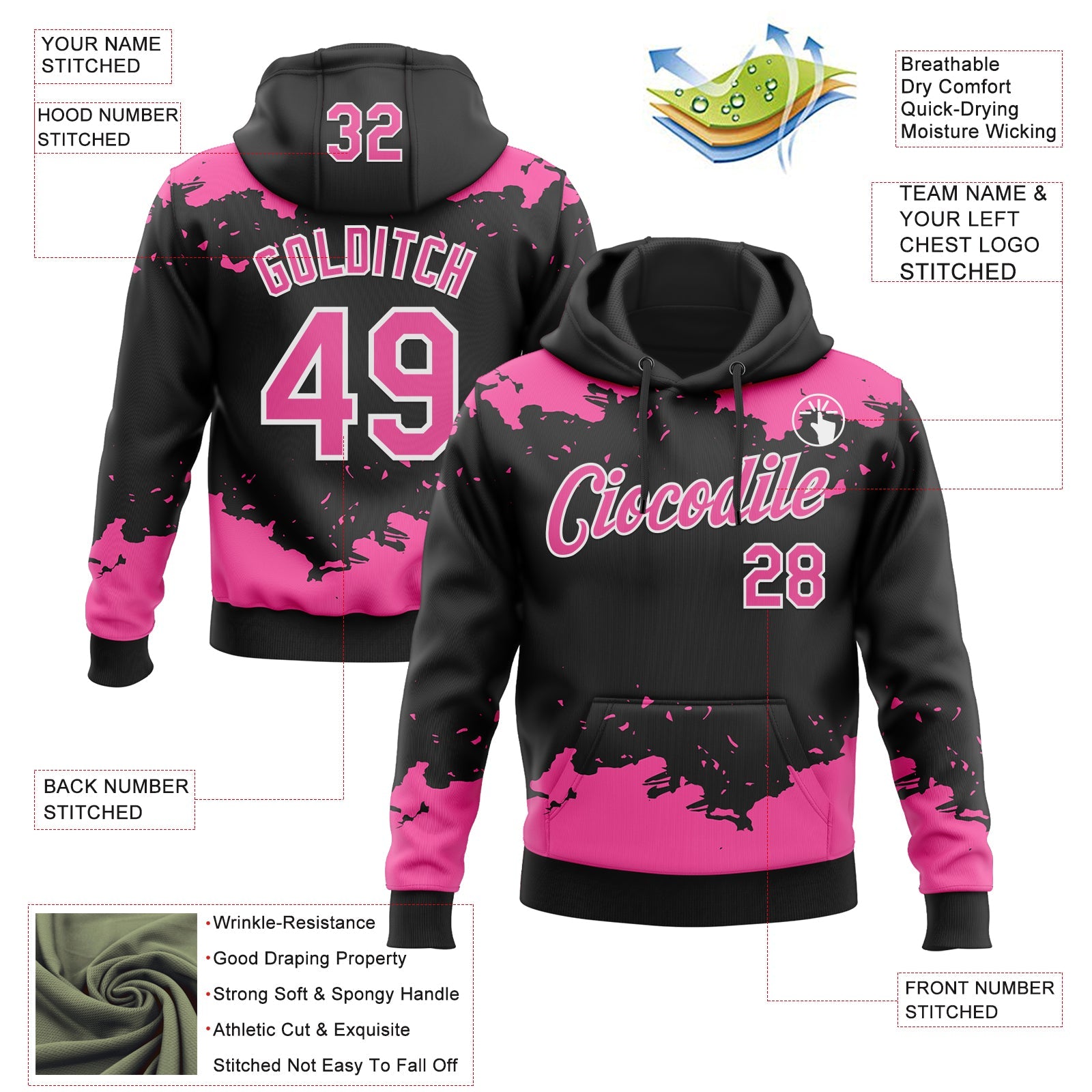 Custom Stitched Black Pink-White Fragment Pattern Sports Pullover Sweatshirt Hoodie view 4