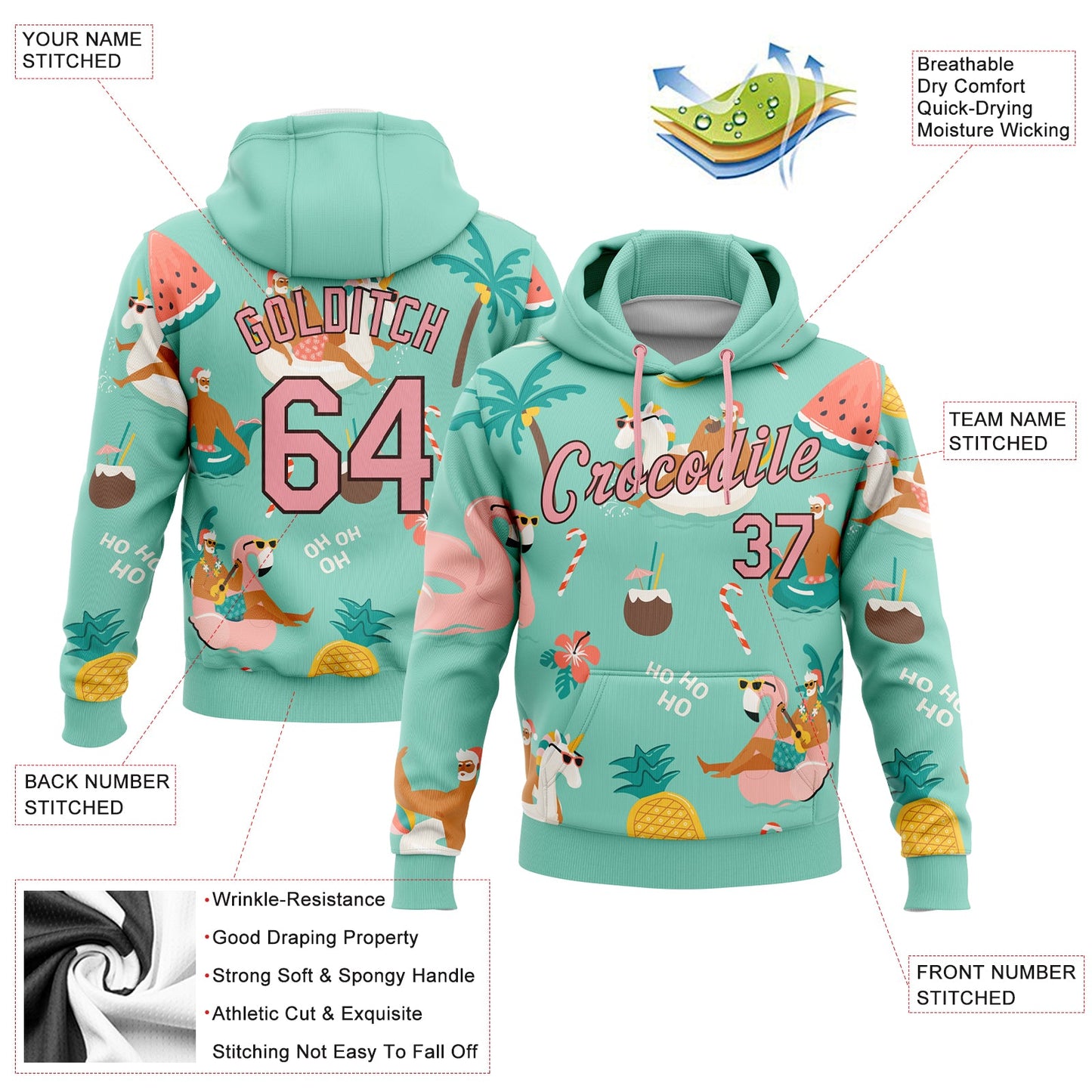 Custom Stitched Aqua Medium Pink-Brown 3D Tropical Christmas Santas With Reindeers And Flamingos Sports Pullover Sweatshirt Hoodie view 2