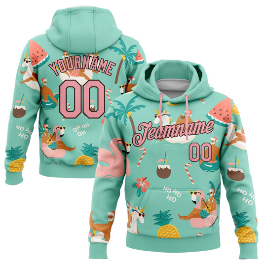 Custom Stitched Aqua Medium Pink-Brown 3D Tropical Christmas Santas With Reindeers And Flamingos Sports Pullover Sweatshirt Hoodie - Main View
