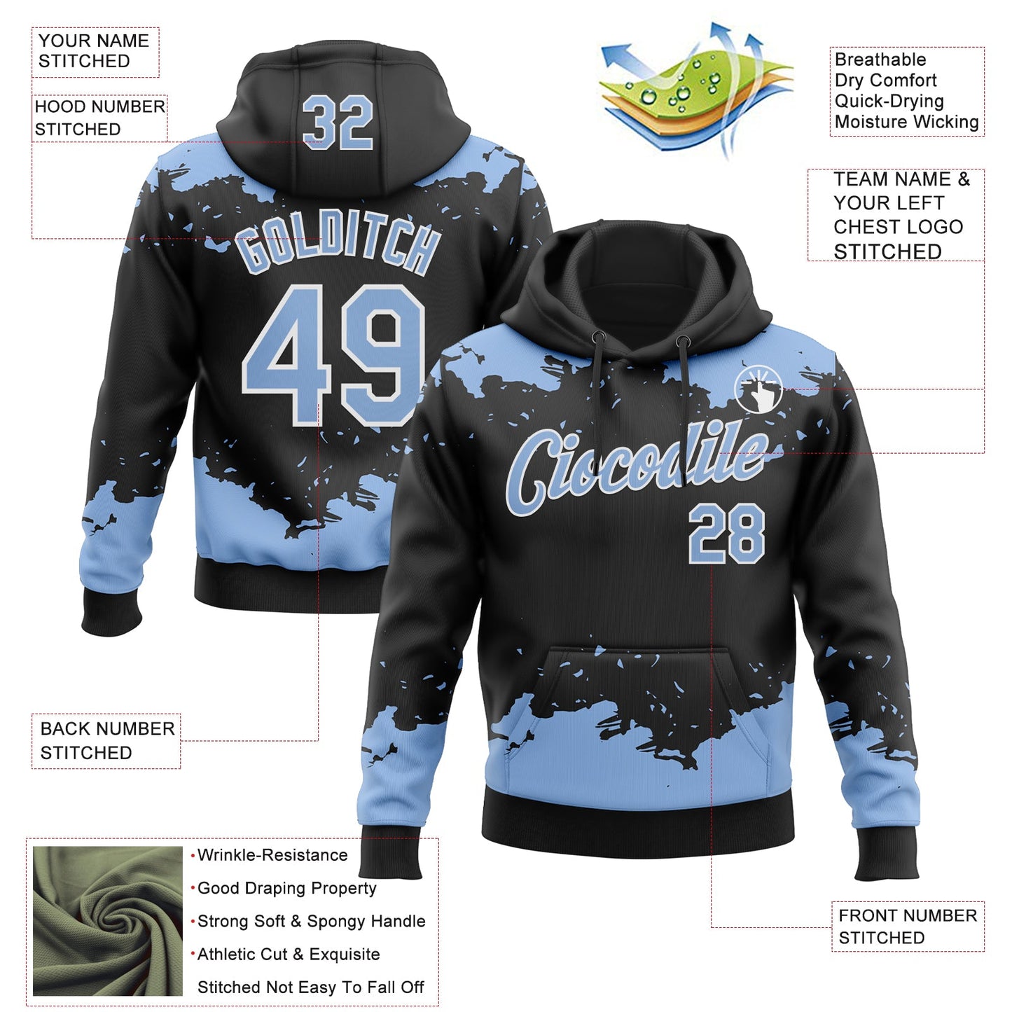 Custom Stitched Black Light Blue-White Fragment Pattern Sports Pullover Sweatshirt Hoodie view 4