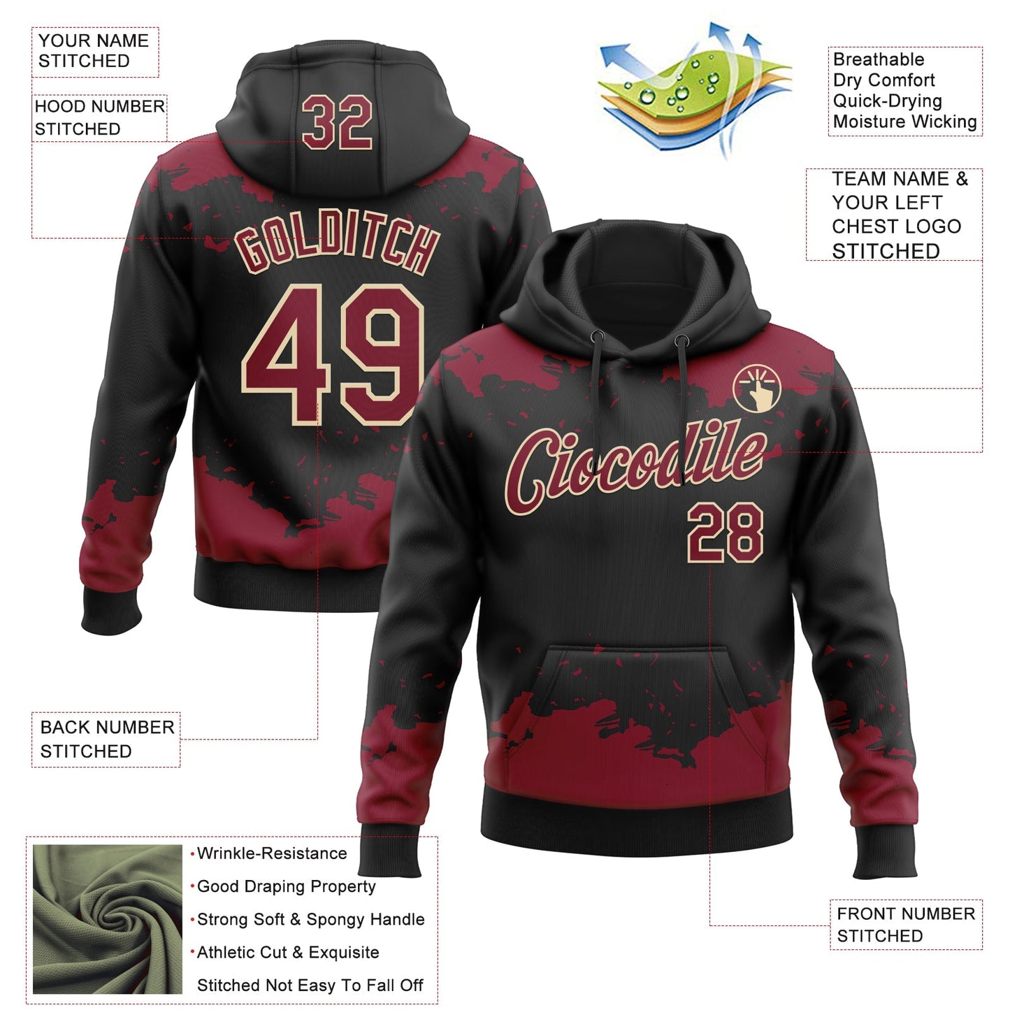 Custom Stitched Black Crimson-Cream Fragment Pattern Sports Pullover Sweatshirt Hoodie view 4