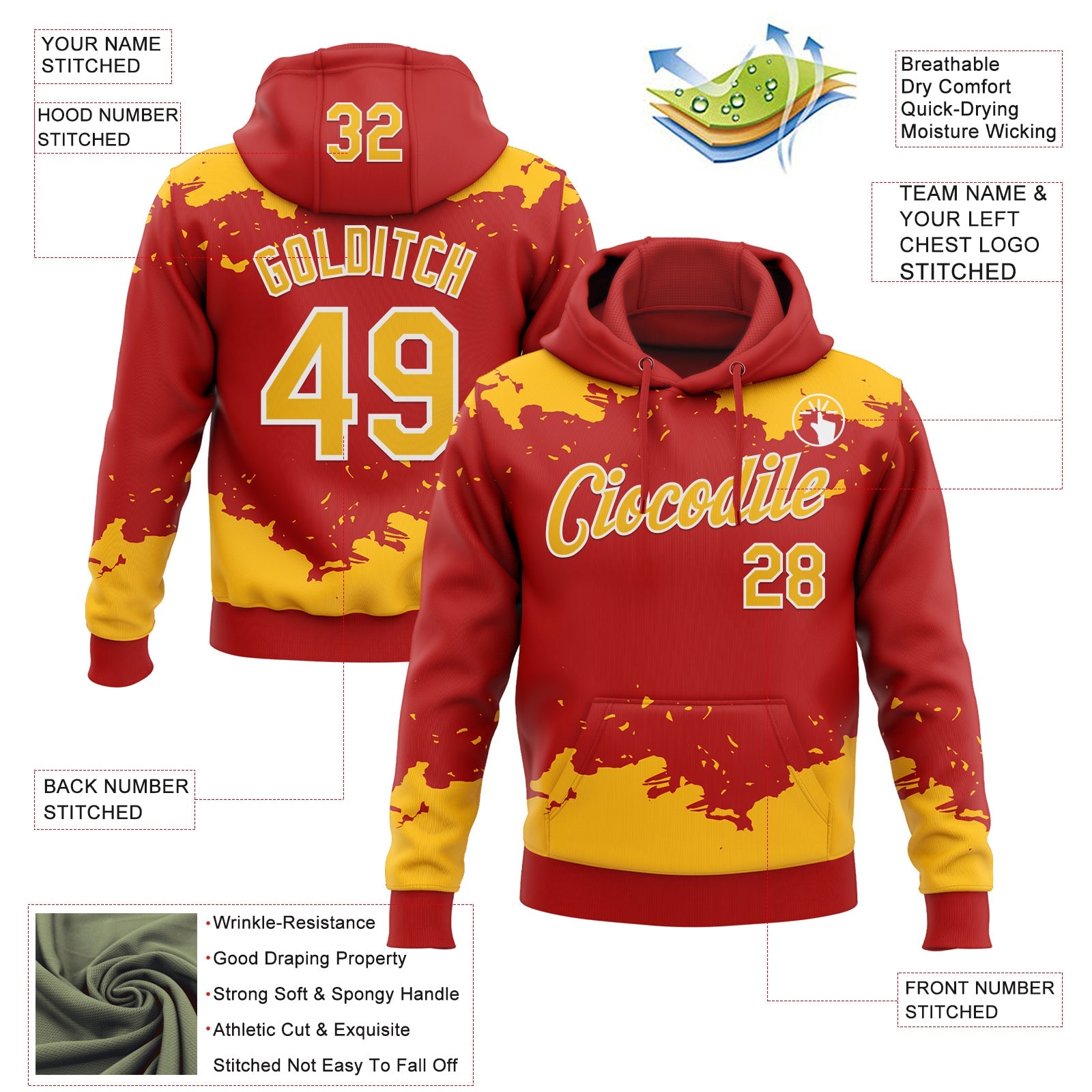 Custom Stitched Red Gold-White Fragment Pattern Sports Pullover Sweatshirt Hoodie view 4