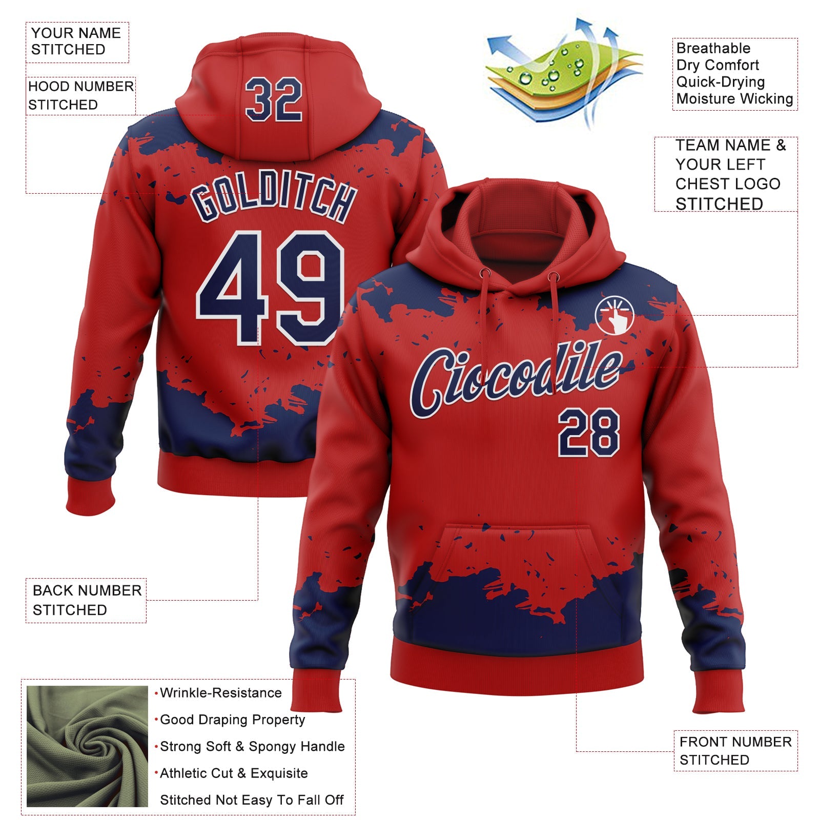 Custom Stitched Red Navy-White Fragment Pattern Sports Pullover Sweatshirt Hoodie view 4