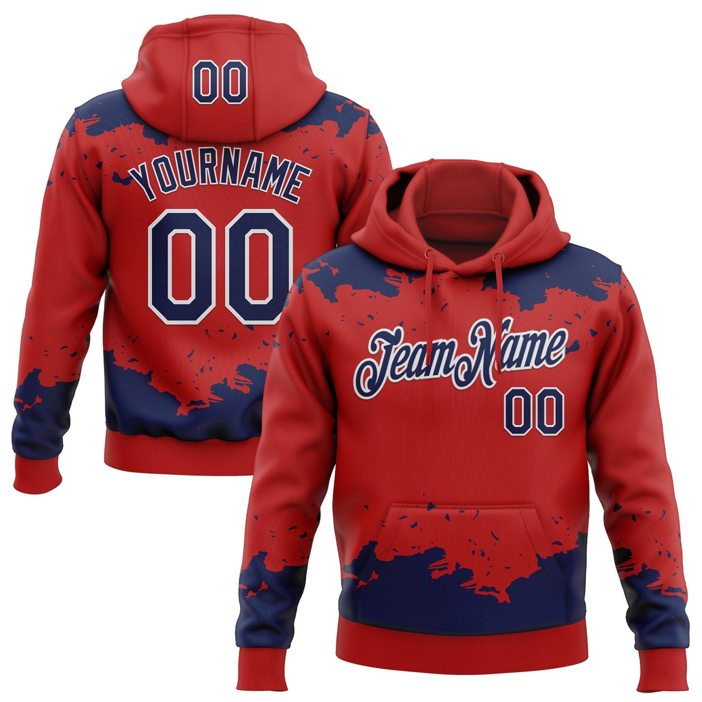 Custom Stitched Red Navy-White Fragment Pattern Sports Pullover Sweatshirt Hoodie - Main View