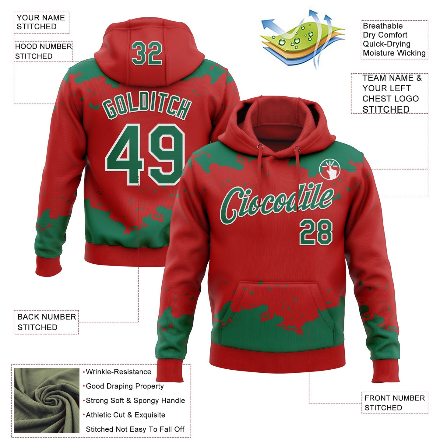 Custom Stitched Red Kelly Green-White Fragment Pattern Sports Pullover Sweatshirt Hoodie view 4