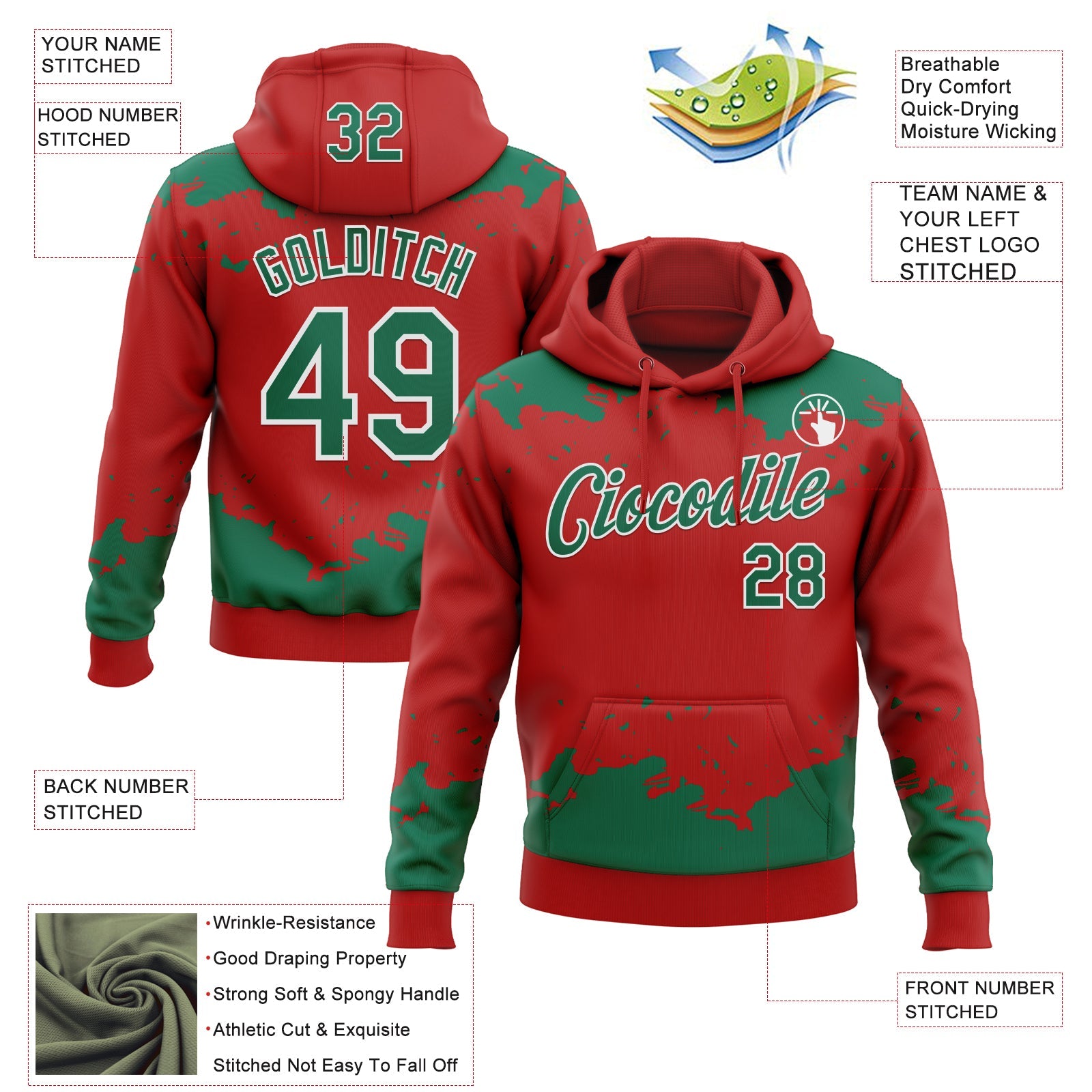 Custom Stitched Red Kelly Green-White Fragment Pattern Sports Pullover Sweatshirt Hoodie view 4