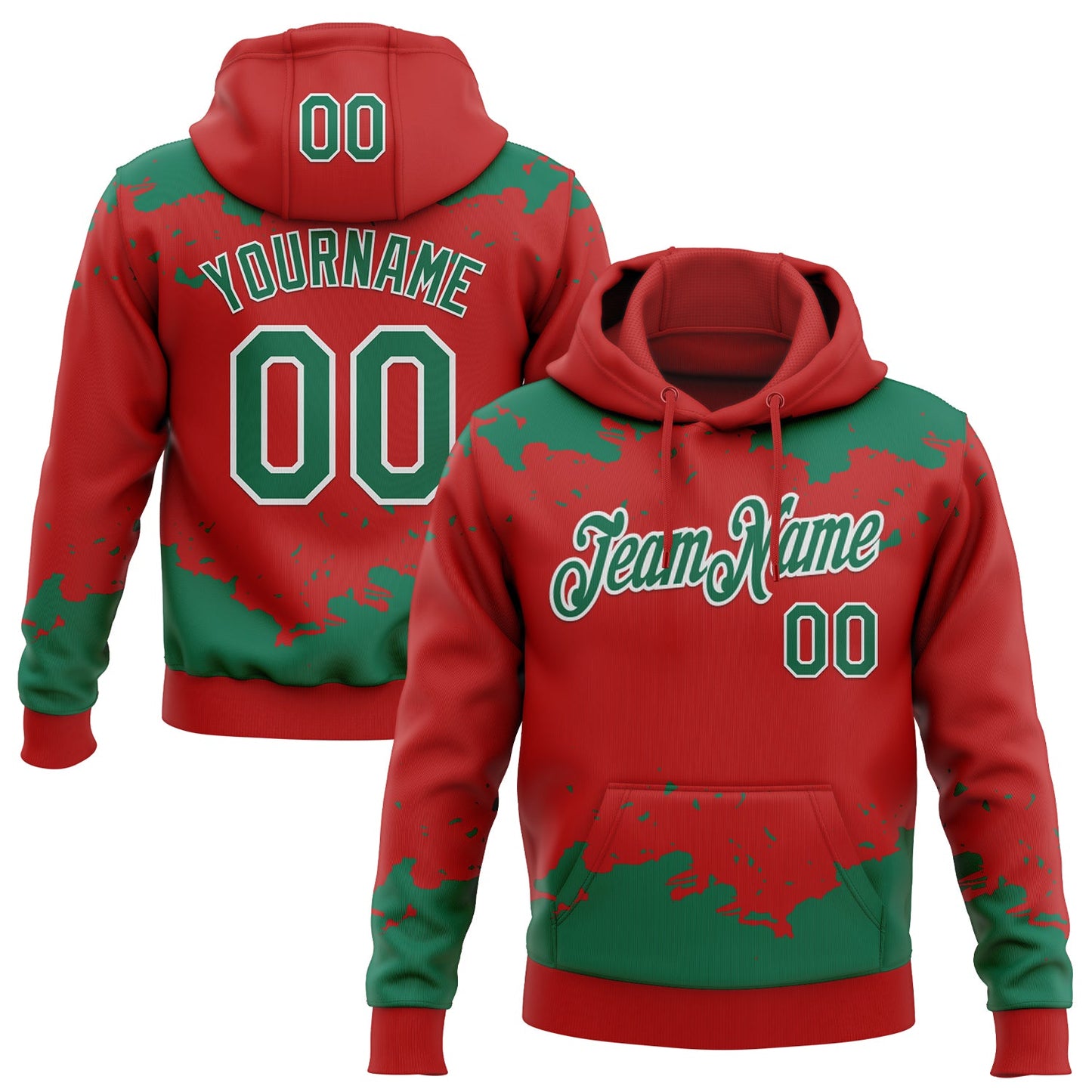 Custom Stitched Red Kelly Green-White Fragment Pattern Sports Pullover Sweatshirt Hoodie - Main View