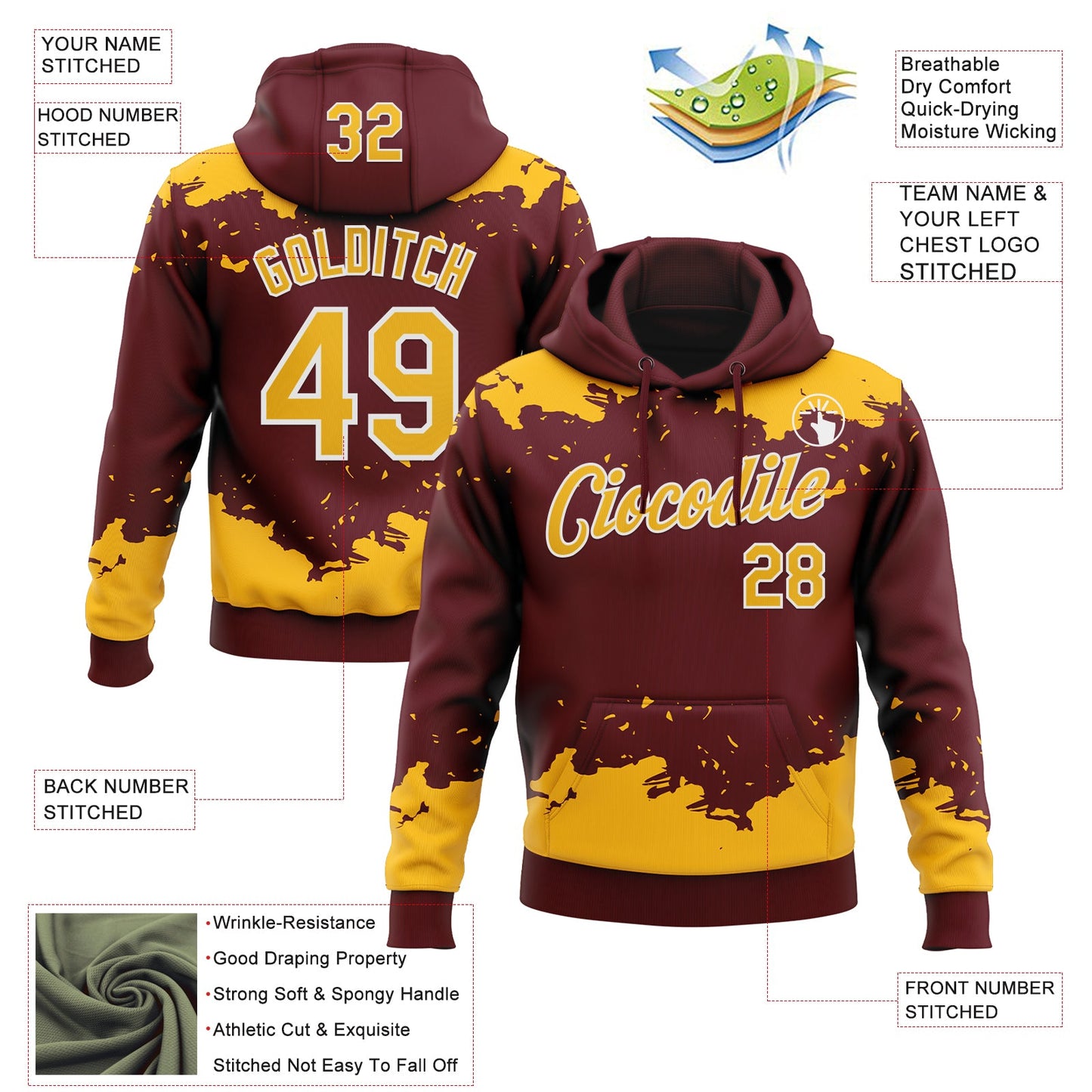 Custom Stitched Burgundy Gold-White Fragment Pattern Sports Pullover Sweatshirt Hoodie view 4