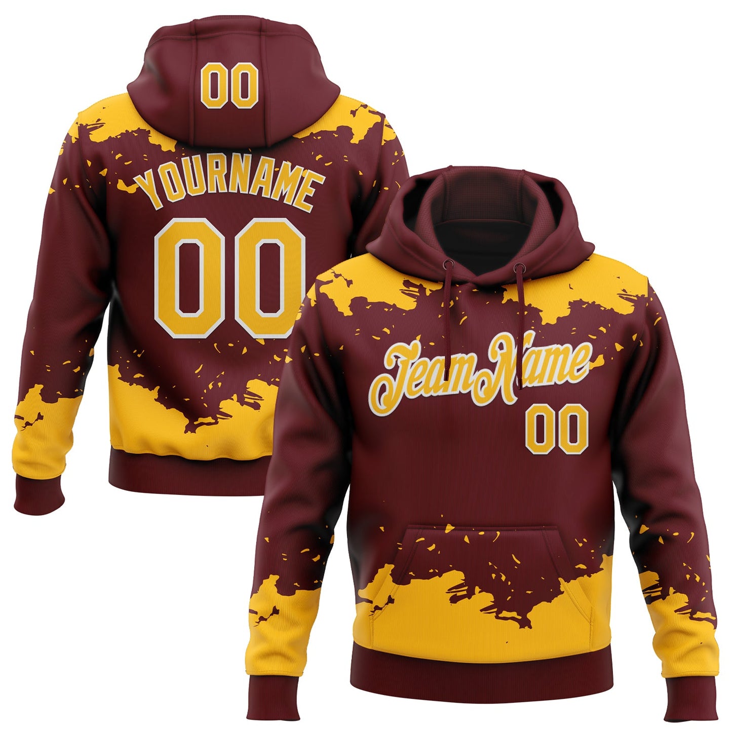 Custom Stitched Burgundy Gold-White Fragment Pattern Sports Pullover Sweatshirt Hoodie - Main View