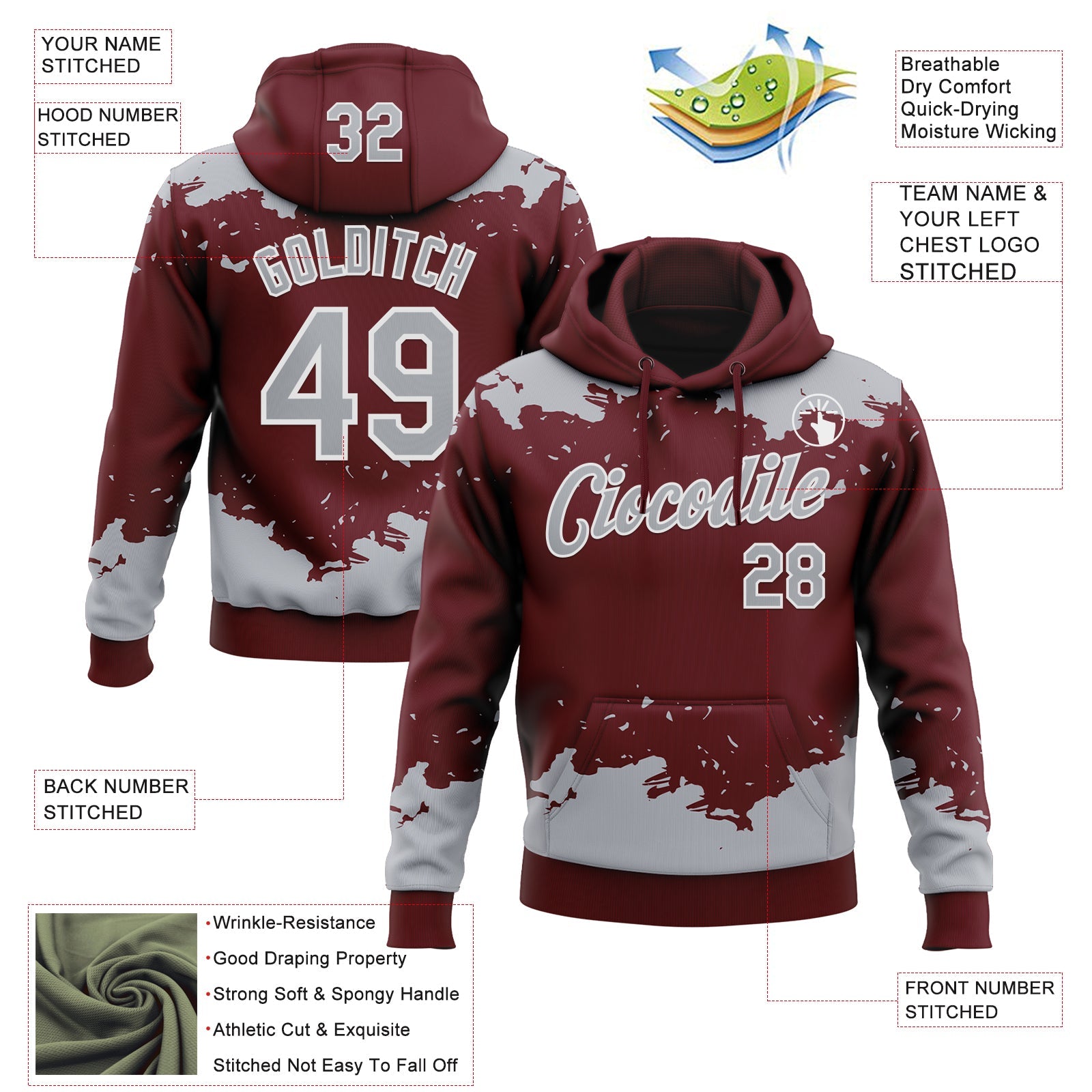 Custom Stitched Burgundy Gray-White Fragment Pattern Sports Pullover Sweatshirt Hoodie view 4