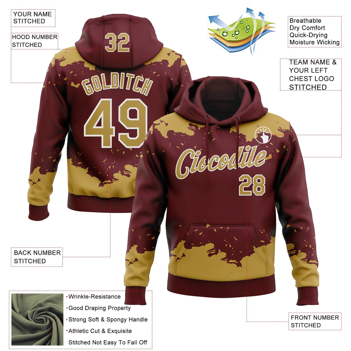 Custom Stitched Burgundy Old Gold-White Fragment Pattern Sports Pullover Sweatshirt Hoodie view 4