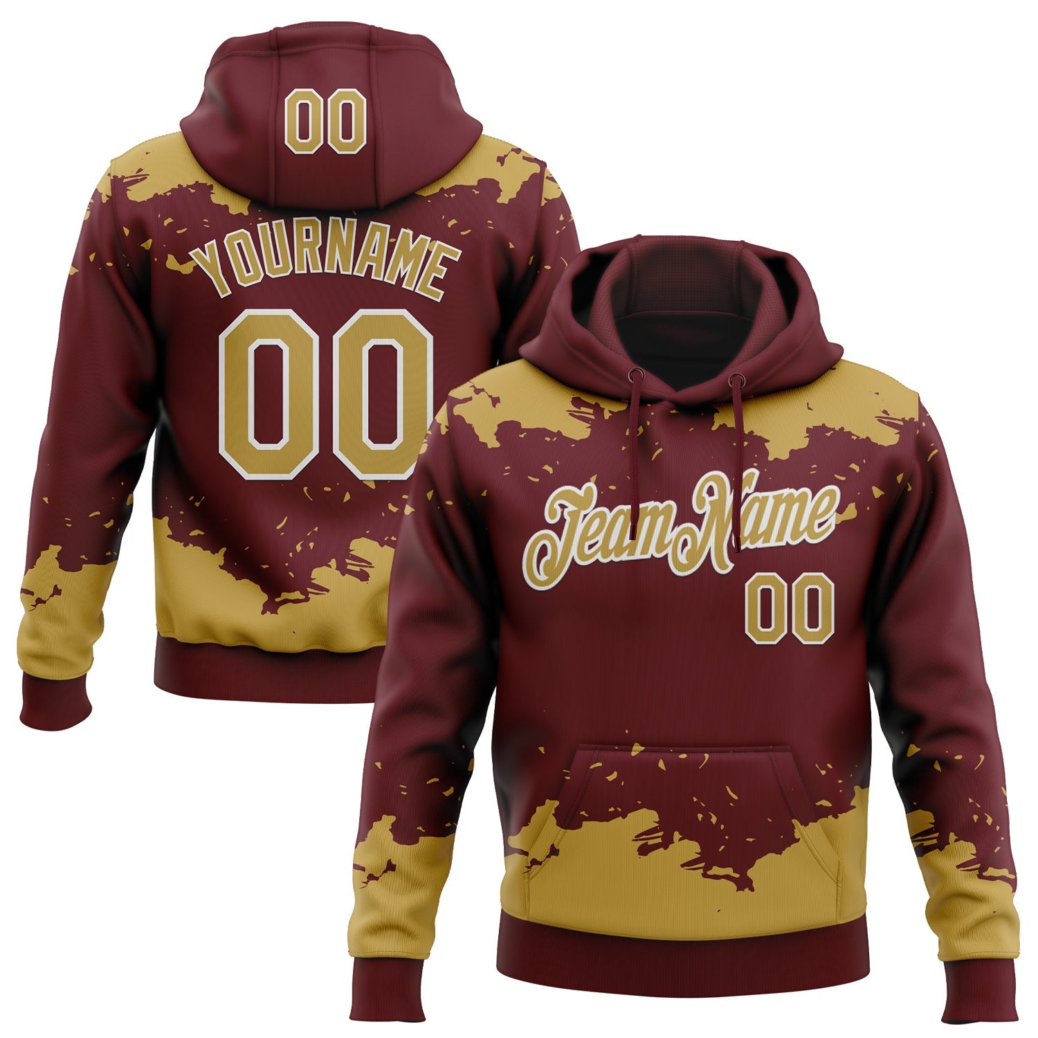 Custom Stitched Burgundy Old Gold-White Fragment Pattern Sports Pullover Sweatshirt Hoodie - Main View