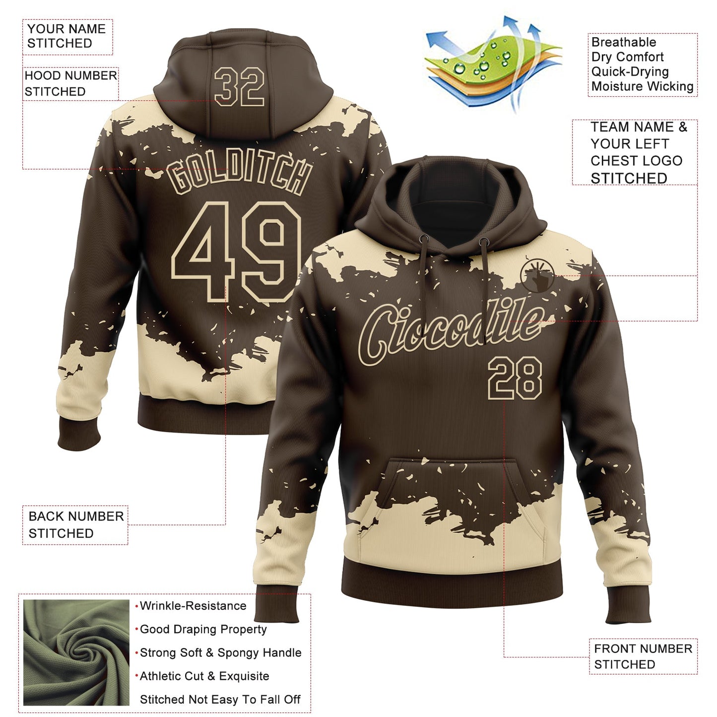 Custom Stitched Brown Cream Fragment Pattern Sports Pullover Sweatshirt Hoodie view 4