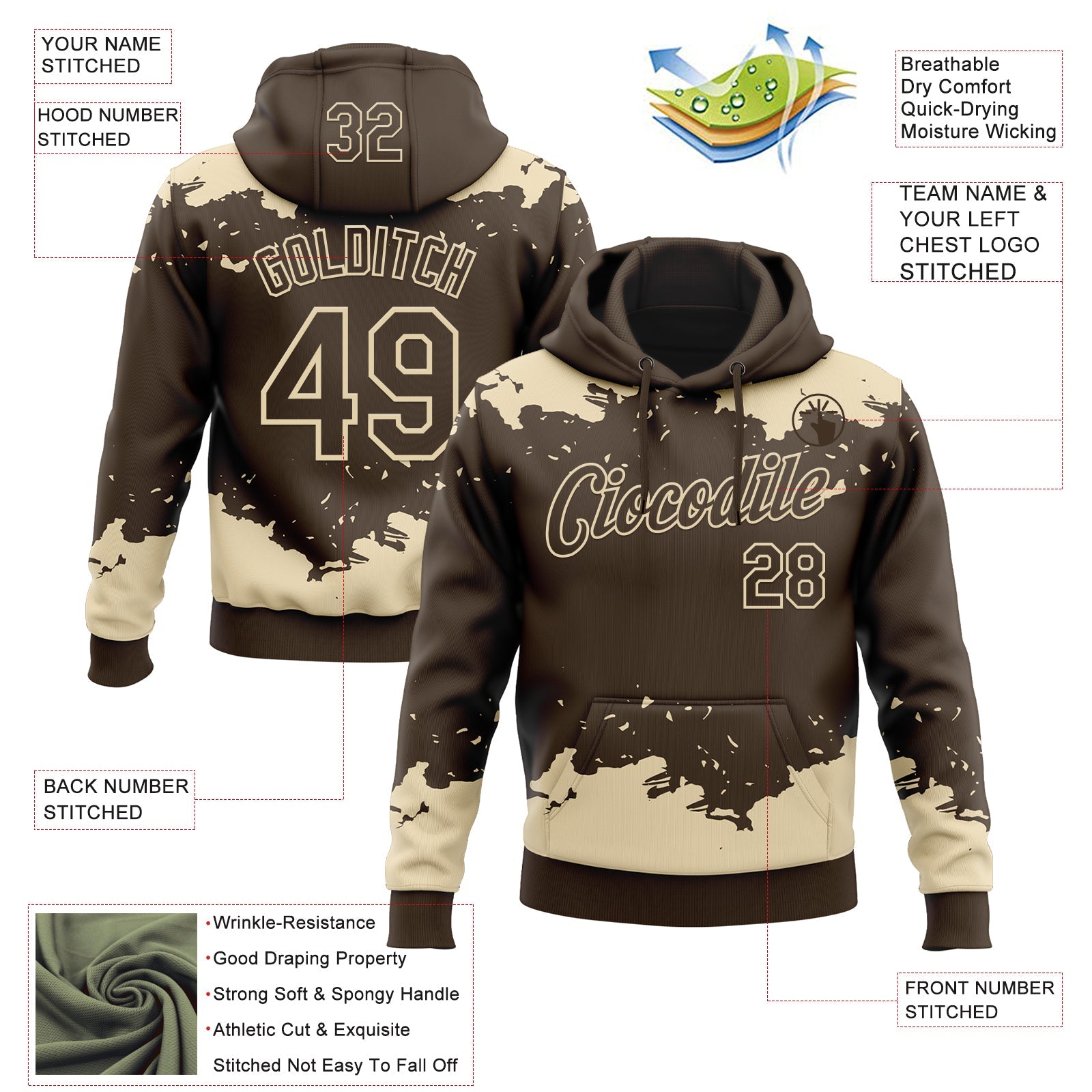 Custom Stitched Brown Cream Fragment Pattern Sports Pullover Sweatshirt Hoodie view 4