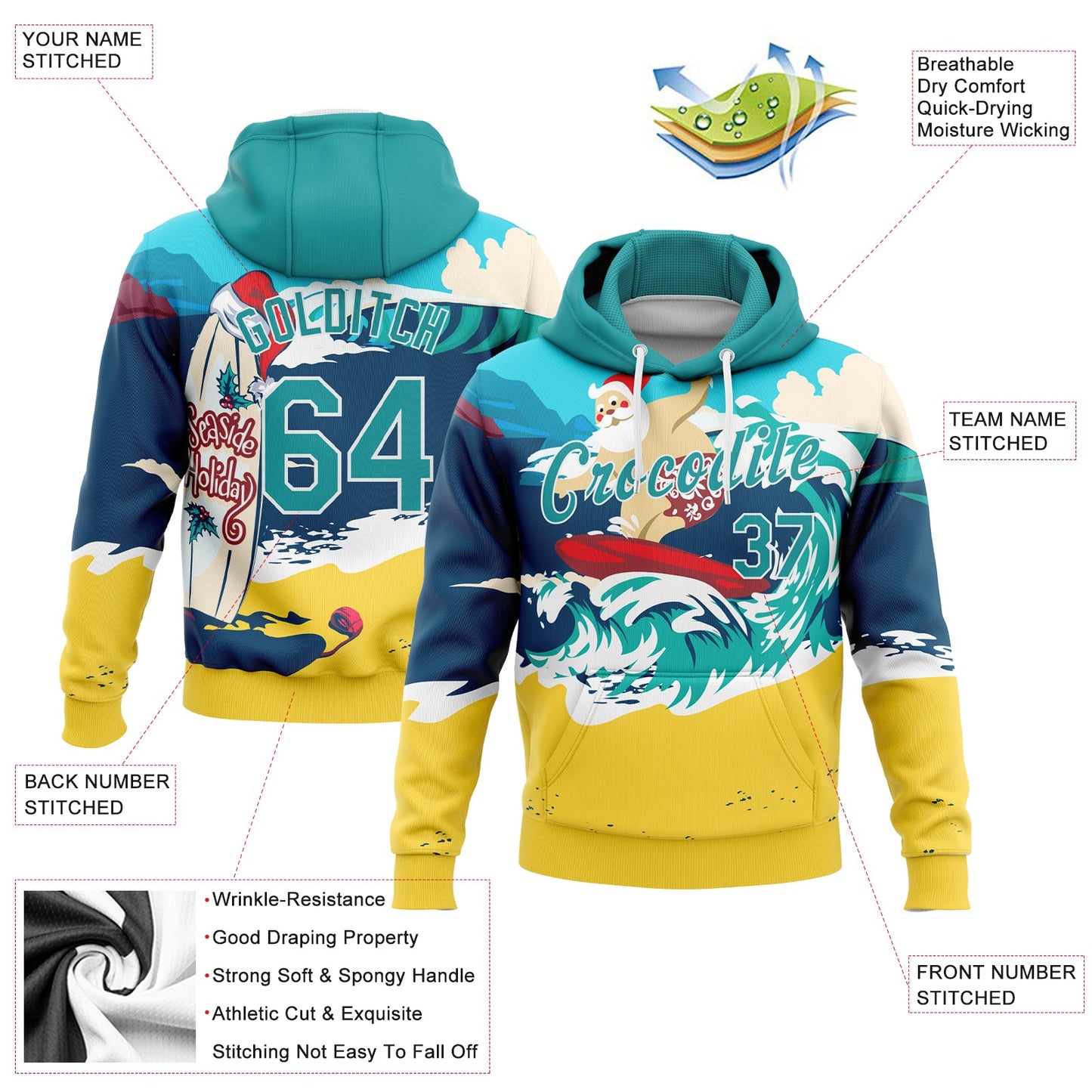Custom Stitched Navy Aqua-Gold 3D Tropical Christmas Seaside Holiday Surfing Santa Sports Pullover Sweatshirt Hoodie view 2