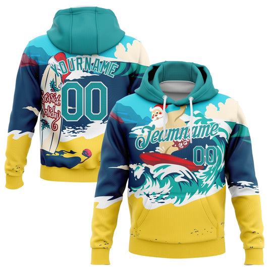 Custom Stitched Navy Aqua-Gold 3D Tropical Christmas Seaside Holiday Surfing Santa Sports Pullover Sweatshirt Hoodie - Main View