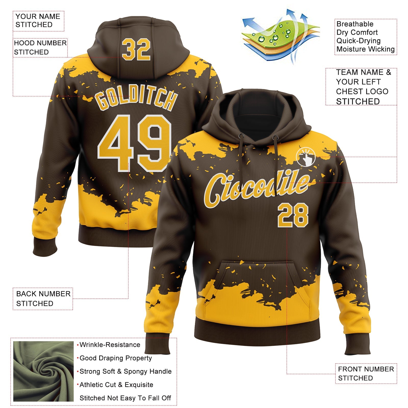 Custom Stitched Brown Gold-White Fragment Pattern Sports Pullover Sweatshirt Hoodie view 4