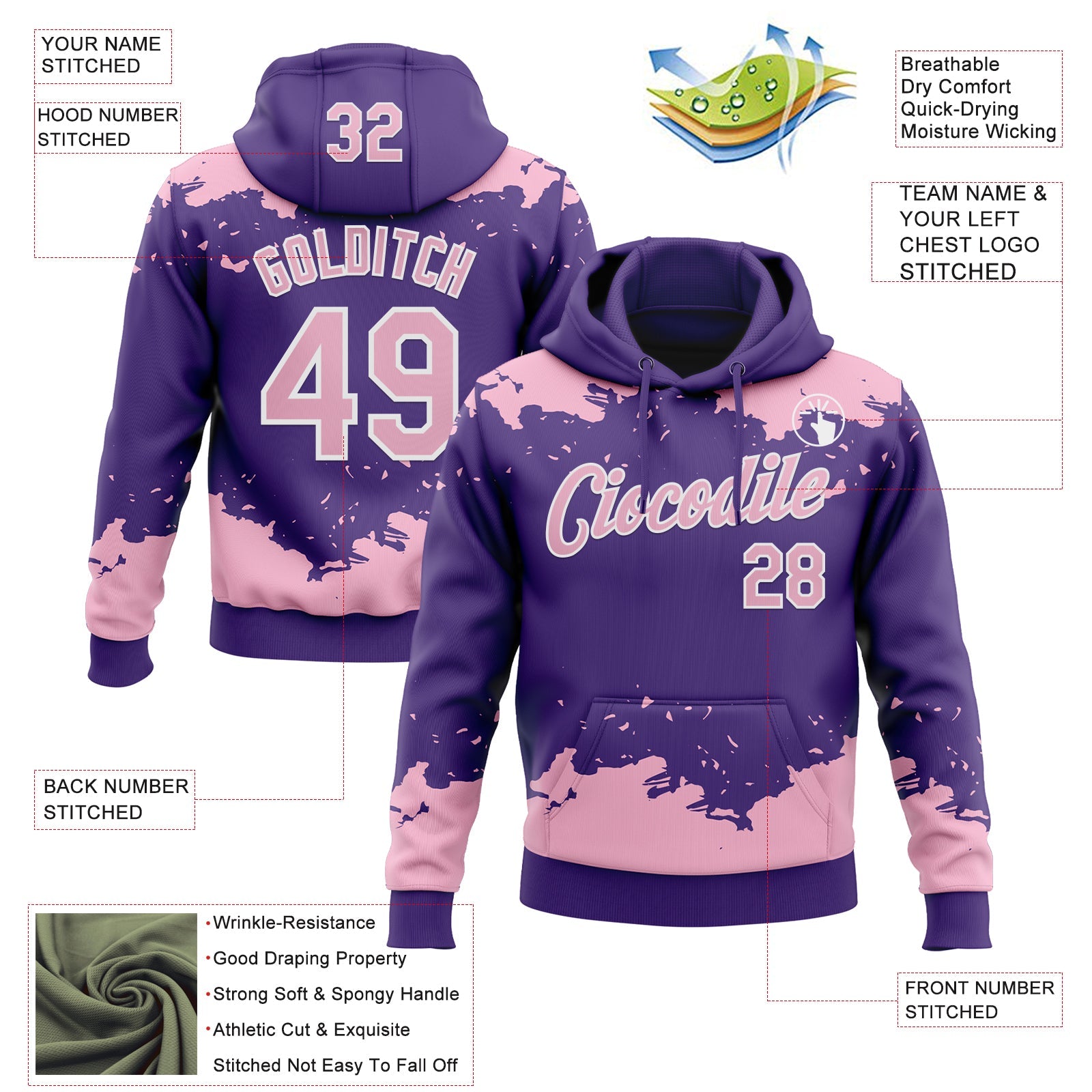 Custom Stitched Purple Light Pink-White Fragment Pattern Sports Pullover Sweatshirt Hoodie view 4