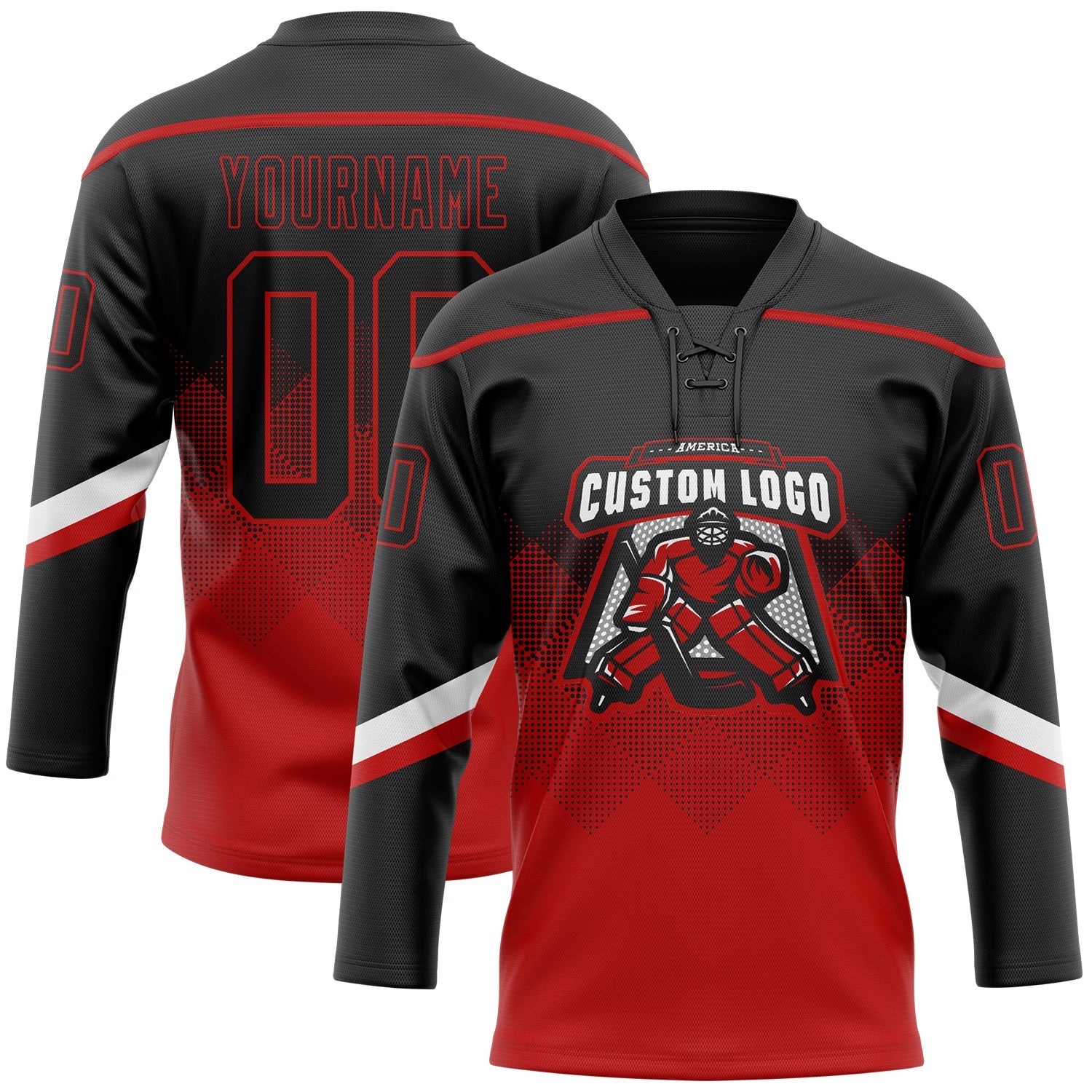 Custom Black Red 3D Pattern Gradient Square Shapes Hockey Lace Neck Jersey view 2