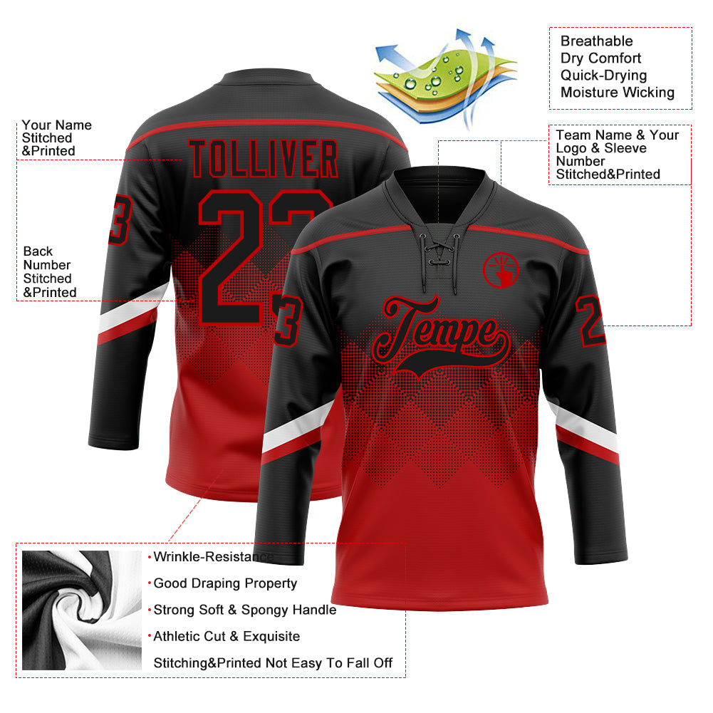 Custom Black Red 3D Pattern Gradient Square Shapes Hockey Lace Neck Jersey view 3