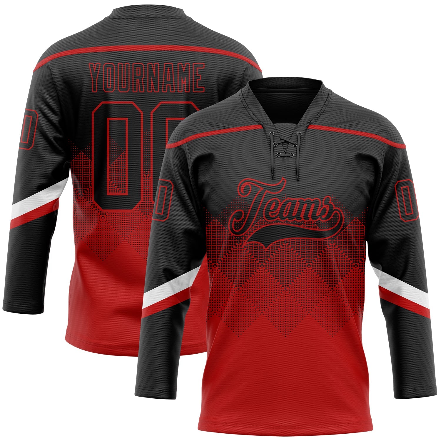 Custom Black Red 3D Pattern Gradient Square Shapes Hockey Lace Neck Jersey - Main View