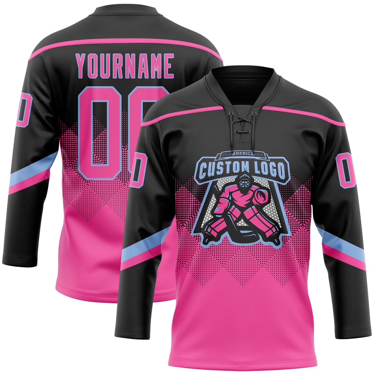 Custom Black Pink-Light Blue 3D Pattern Gradient Square Shapes Hockey Lace Neck Jersey view 2