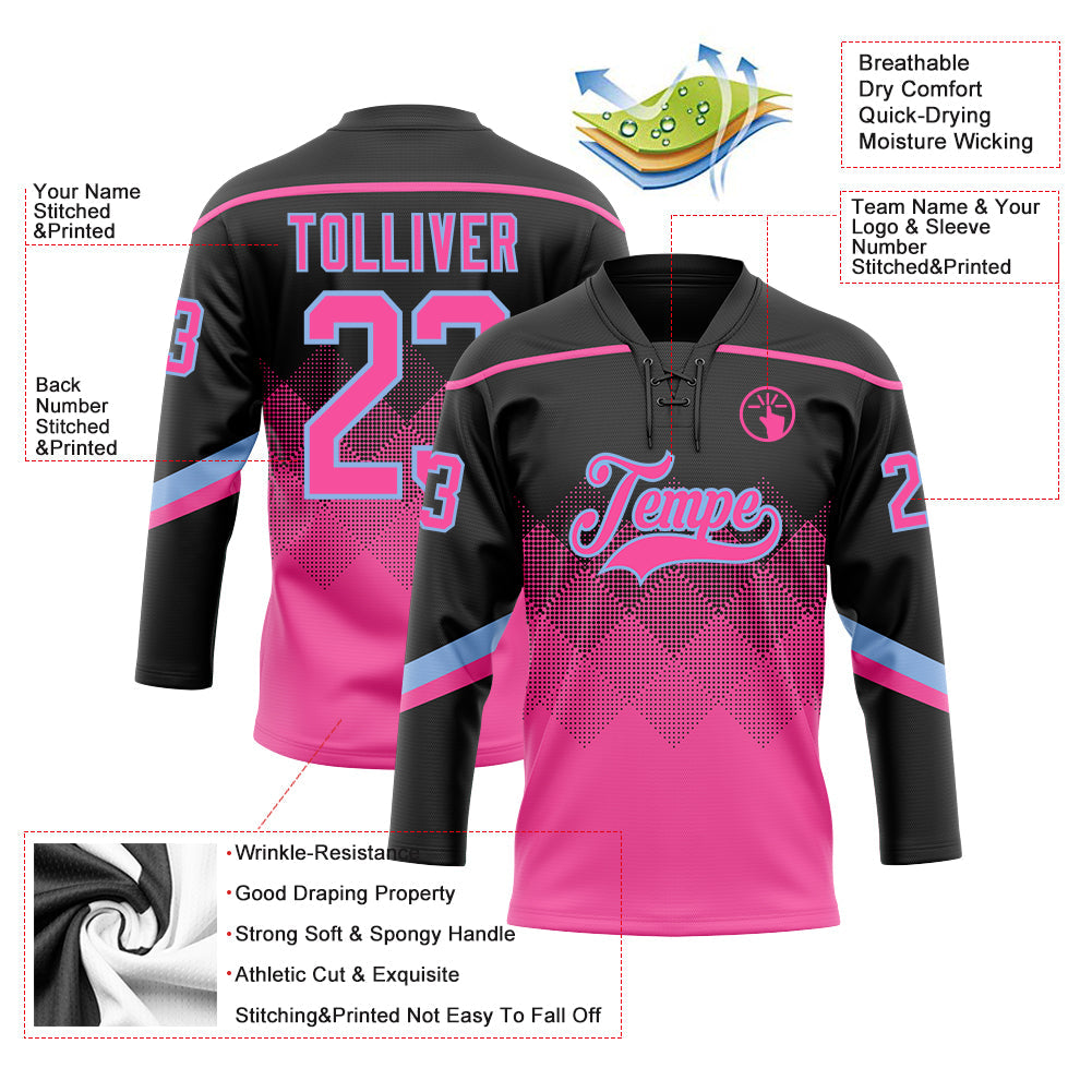 Custom Black Pink-Light Blue 3D Pattern Gradient Square Shapes Hockey Lace Neck Jersey view 3