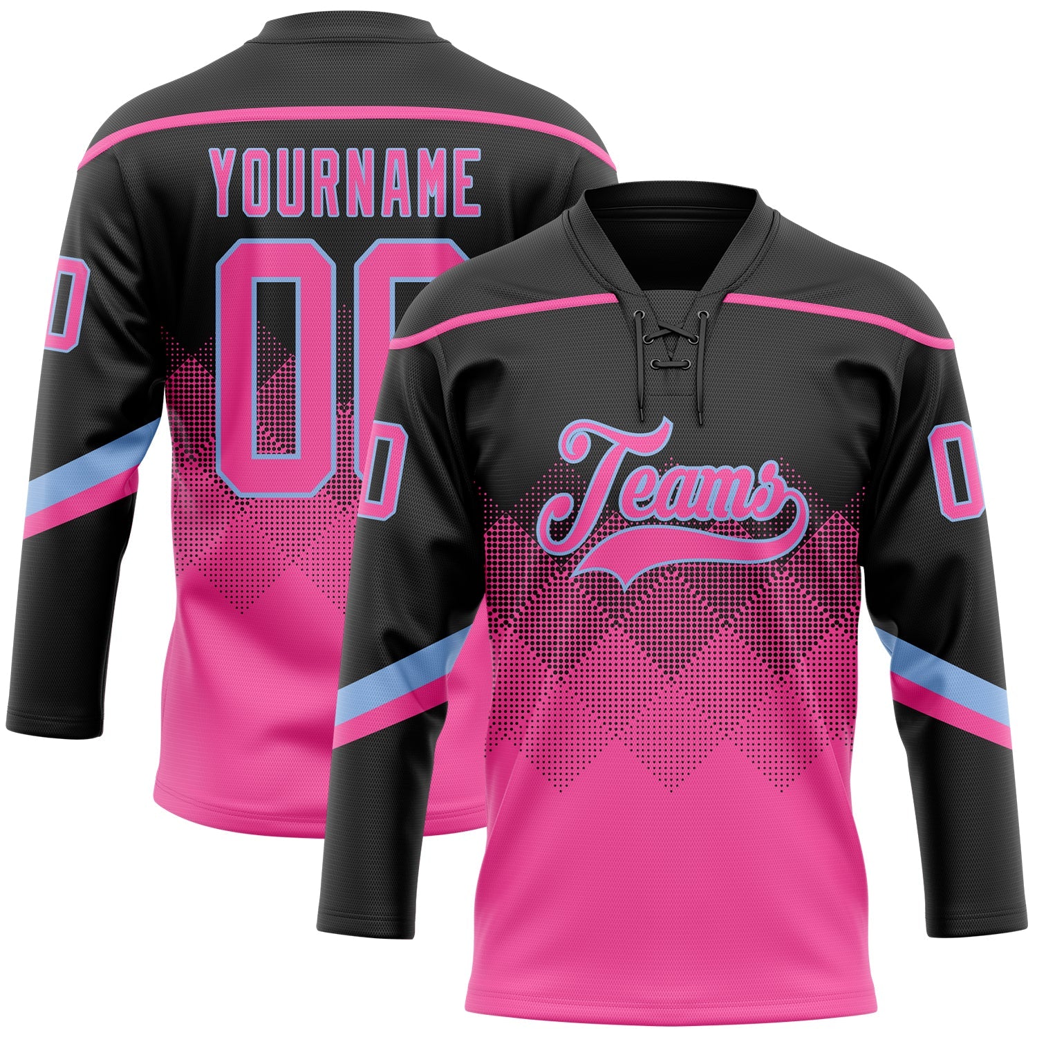 Custom Black Pink-Light Blue 3D Pattern Gradient Square Shapes Hockey Lace Neck Jersey - Main View