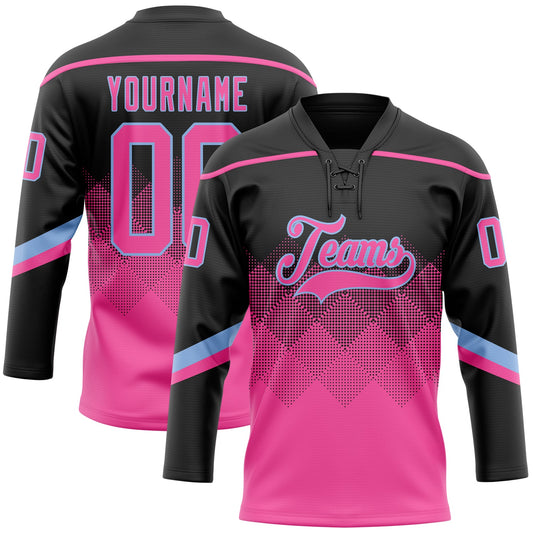 Custom Black Pink-Light Blue 3D Pattern Gradient Square Shapes Hockey Lace Neck Jersey - Main View