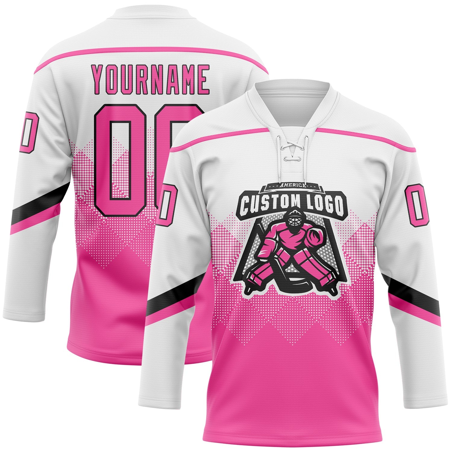Custom Black Pink-Black 3D Pattern Gradient Square Shapes Hockey Lace Neck Jersey view 2