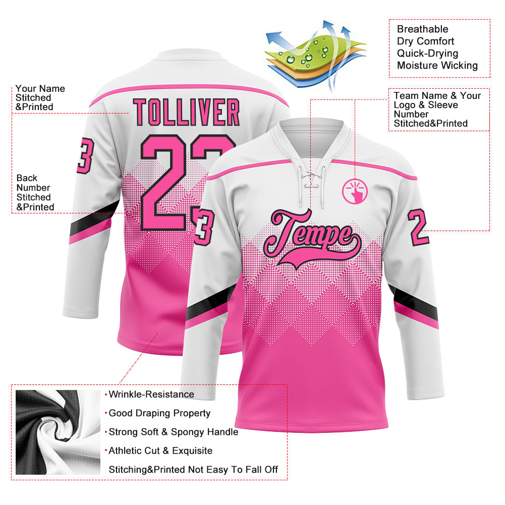 Custom Black Pink-Black 3D Pattern Gradient Square Shapes Hockey Lace Neck Jersey view 3