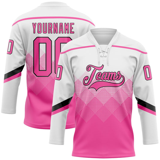 Custom Black Pink-Black 3D Pattern Gradient Square Shapes Hockey Lace Neck Jersey - Main View