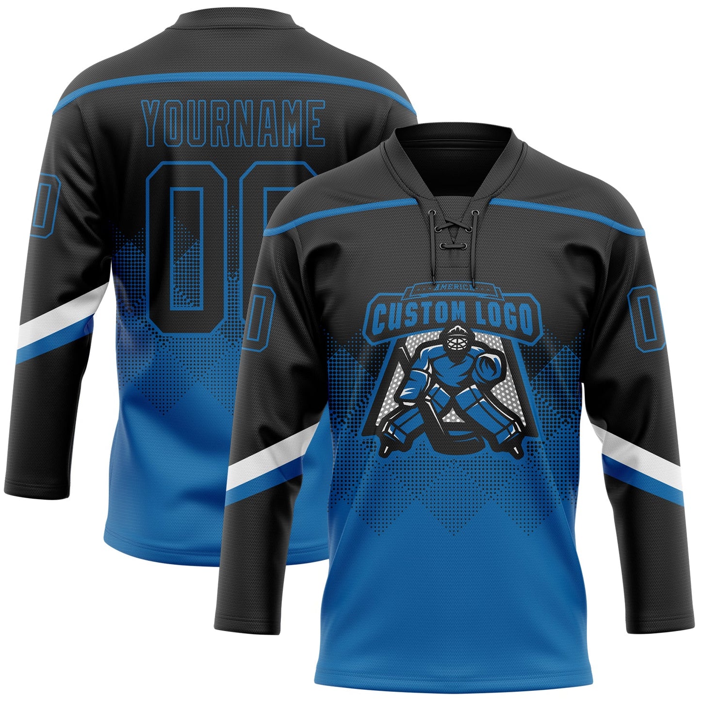 Custom Black Blue-White 3D Pattern Gradient Square Shapes Hockey Lace Neck Jersey view 2