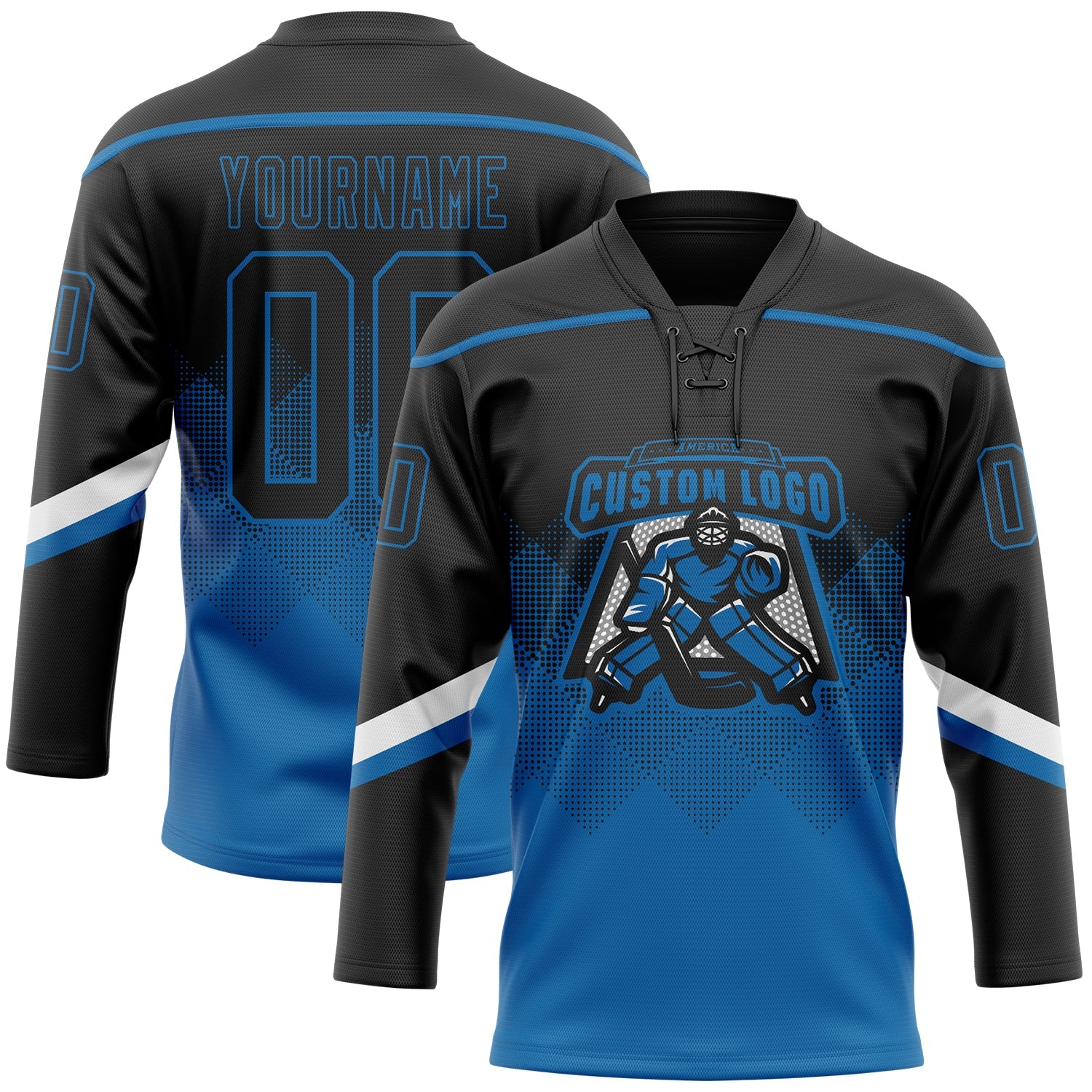 Custom Black Blue-White 3D Pattern Gradient Square Shapes Hockey Lace Neck Jersey view 2