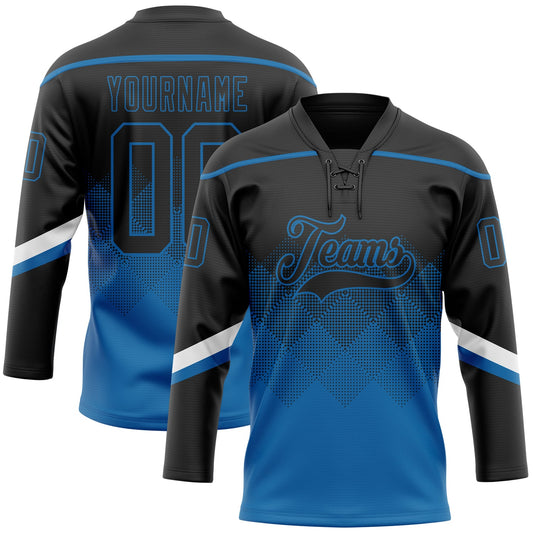 Custom Black Blue-White 3D Pattern Gradient Square Shapes Hockey Lace Neck Jersey - Main View