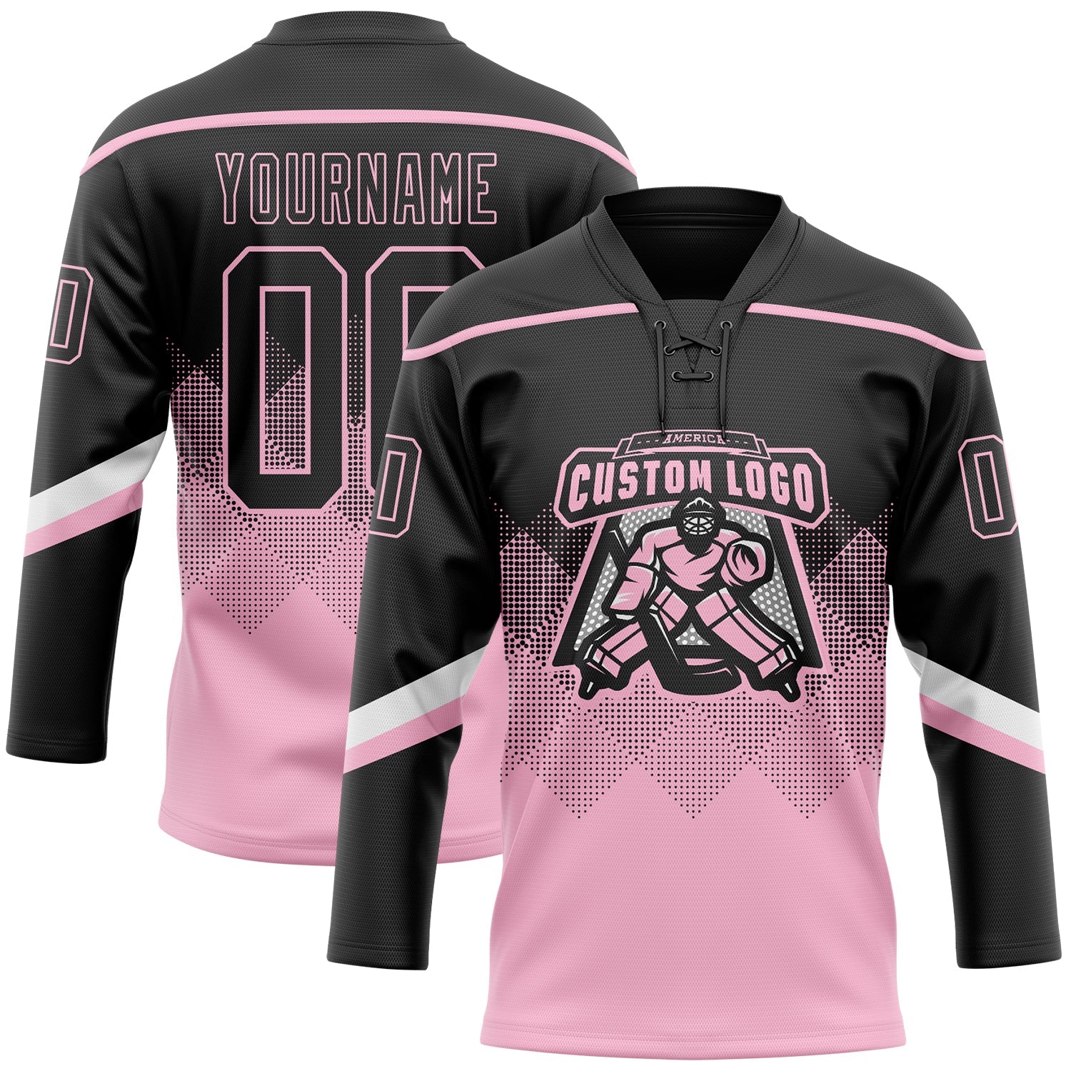 Custom Black Light Pink-White 3D Pattern Gradient Square Shapes Hockey Lace Neck Jersey view 2