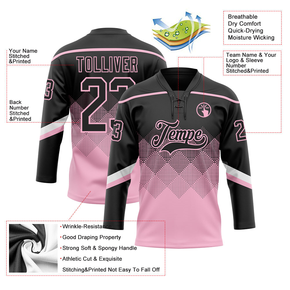 Custom Black Light Pink-White 3D Pattern Gradient Square Shapes Hockey Lace Neck Jersey view 3