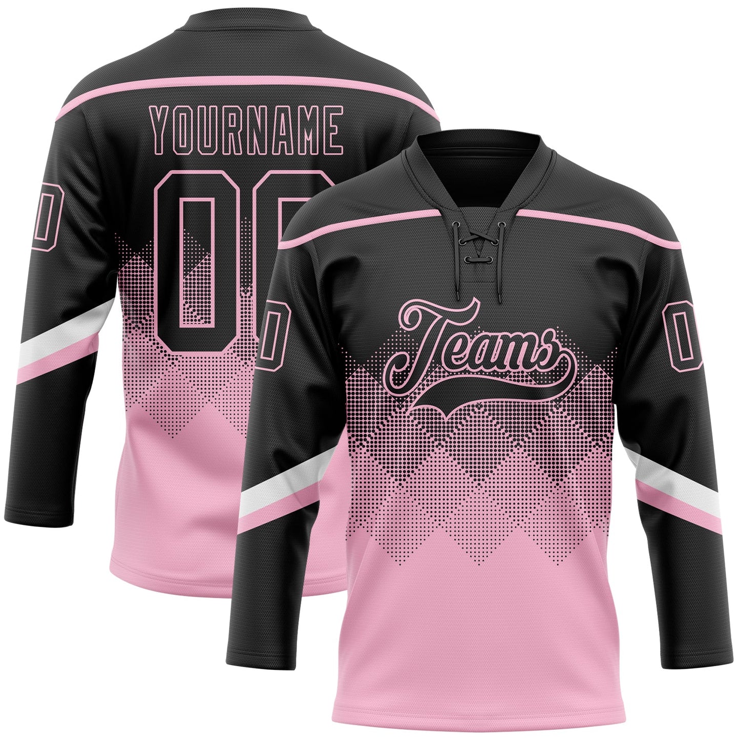 Custom Black Light Pink-White 3D Pattern Gradient Square Shapes Hockey Lace Neck Jersey - Main View
