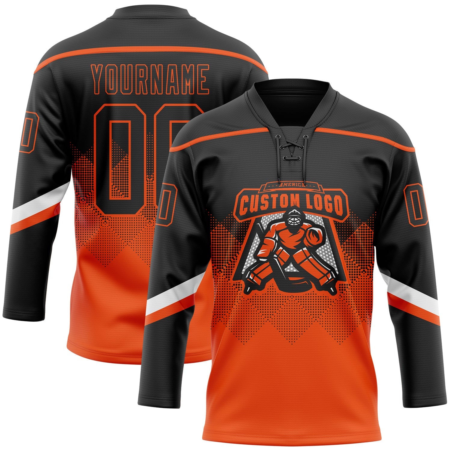 Custom Black Orange-White 3D Pattern Gradient Square Shapes Hockey Lace Neck Jersey view 2