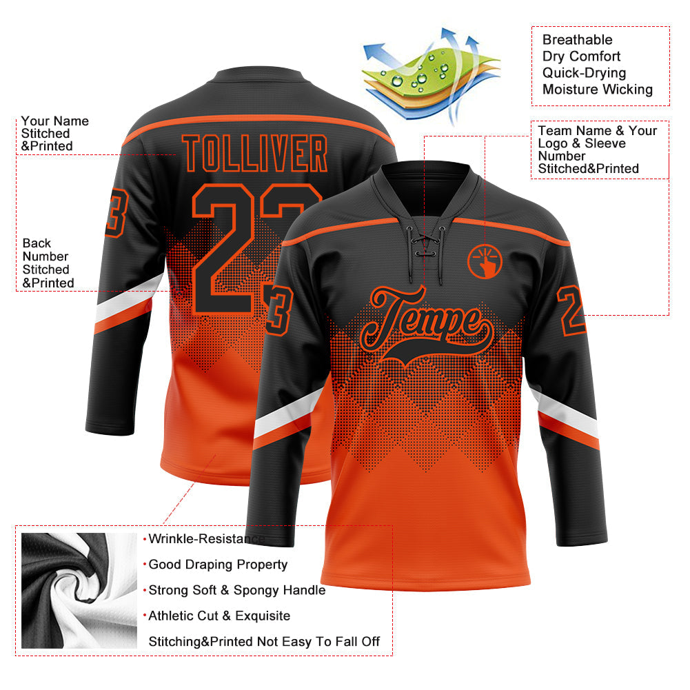 Custom Black Orange-White 3D Pattern Gradient Square Shapes Hockey Lace Neck Jersey view 3