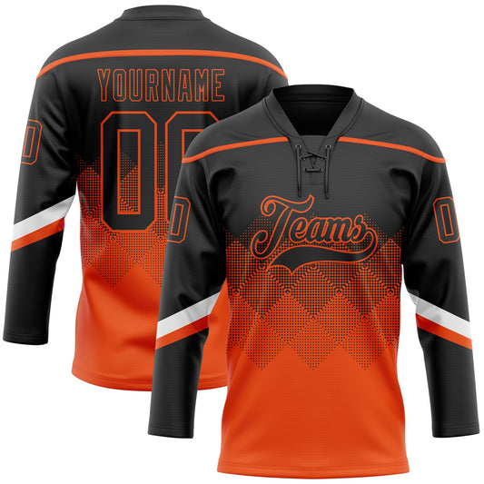 Custom Black Orange-White 3D Pattern Gradient Square Shapes Hockey Lace Neck Jersey - Main View