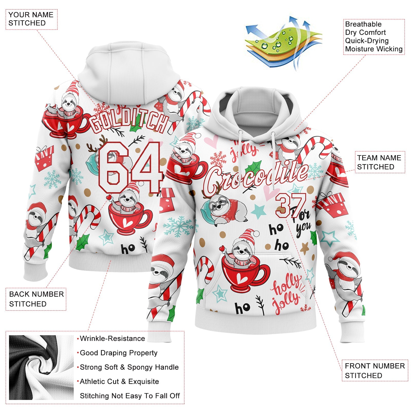 Custom Stitched White White-Red 3D Christmas Sloths Sports Pullover Sweatshirt Hoodie view 2