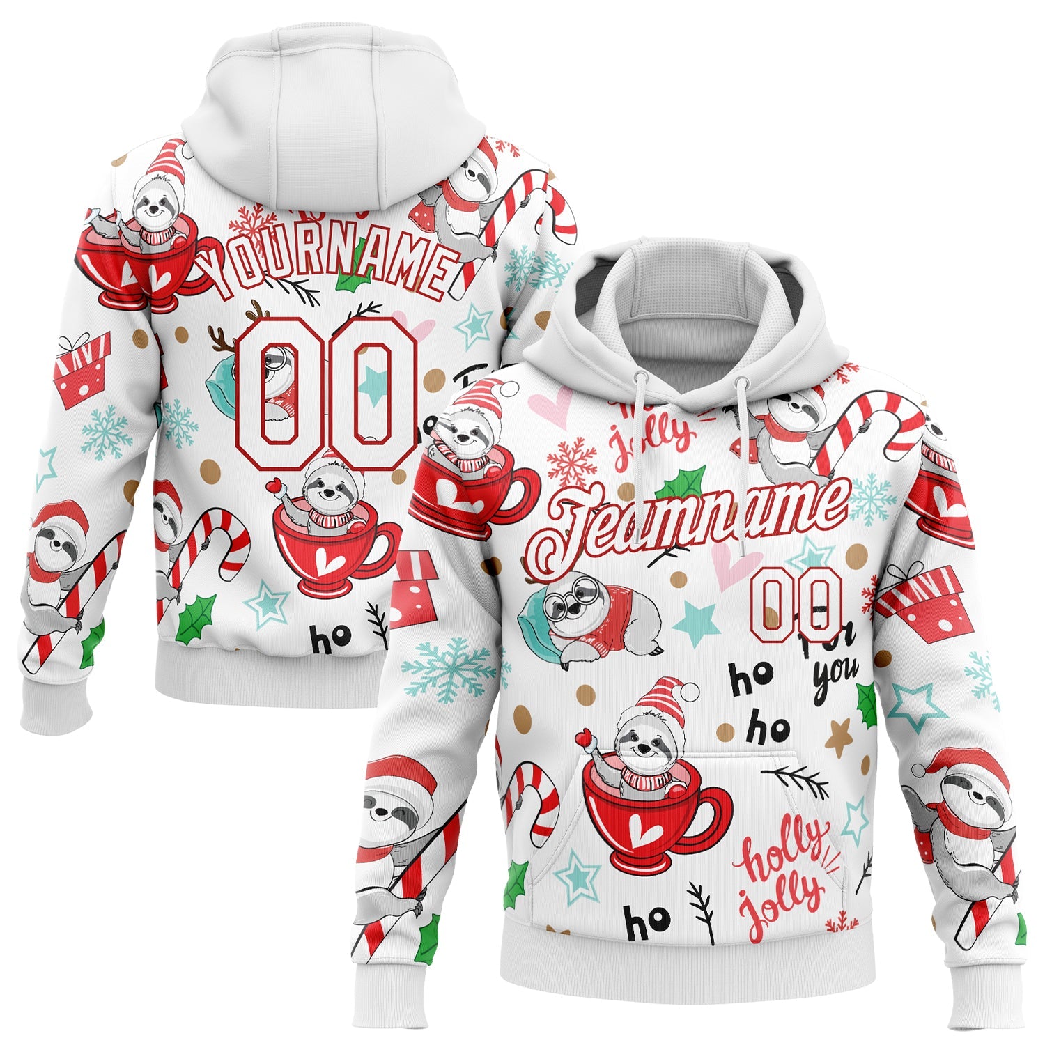 Custom Stitched White White-Red 3D Christmas Sloths Sports Pullover Sweatshirt Hoodie - Main View