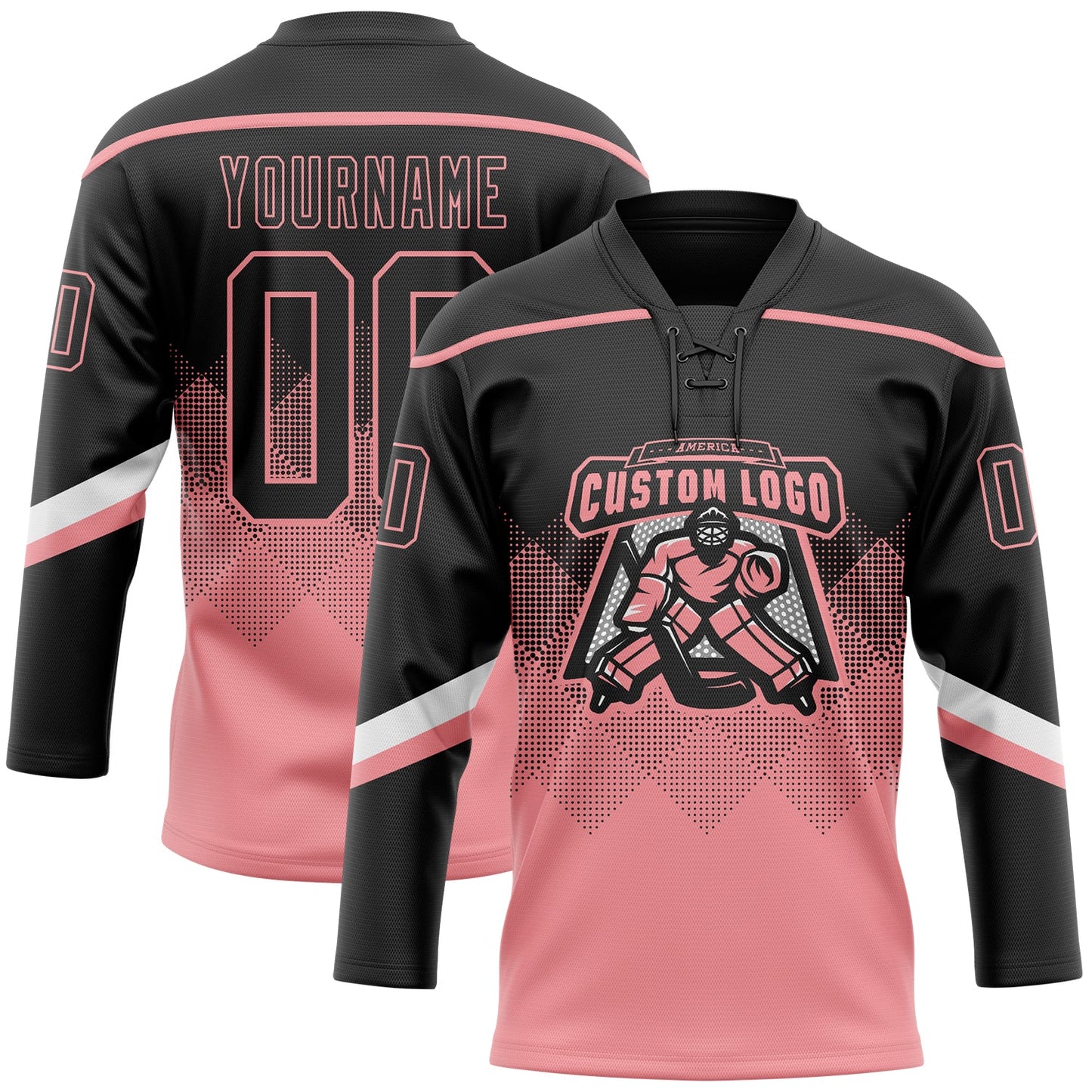 Custom Black Medium Pink-White 3D Pattern Gradient Square Shapes Hockey Lace Neck Jersey view 2