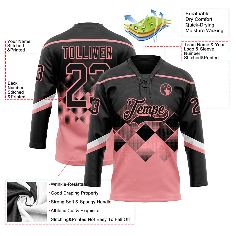 Custom Black Medium Pink-White 3D Pattern Gradient Square Shapes Hockey Lace Neck Jersey view 3