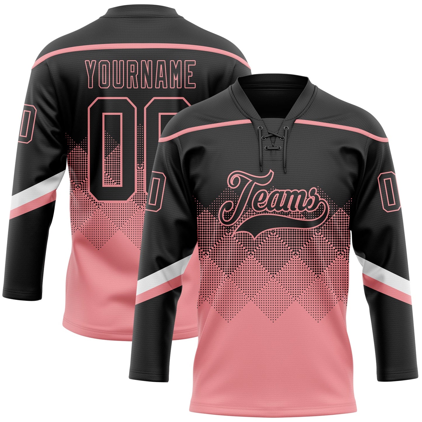 Custom Black Medium Pink-White 3D Pattern Gradient Square Shapes Hockey Lace Neck Jersey - Main View