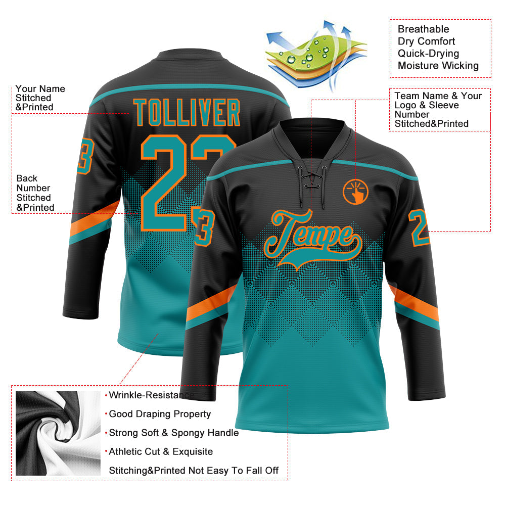 Custom Black Teal-Orange 3D Pattern Gradient Square Shapes Hockey Lace Neck Jersey view 3