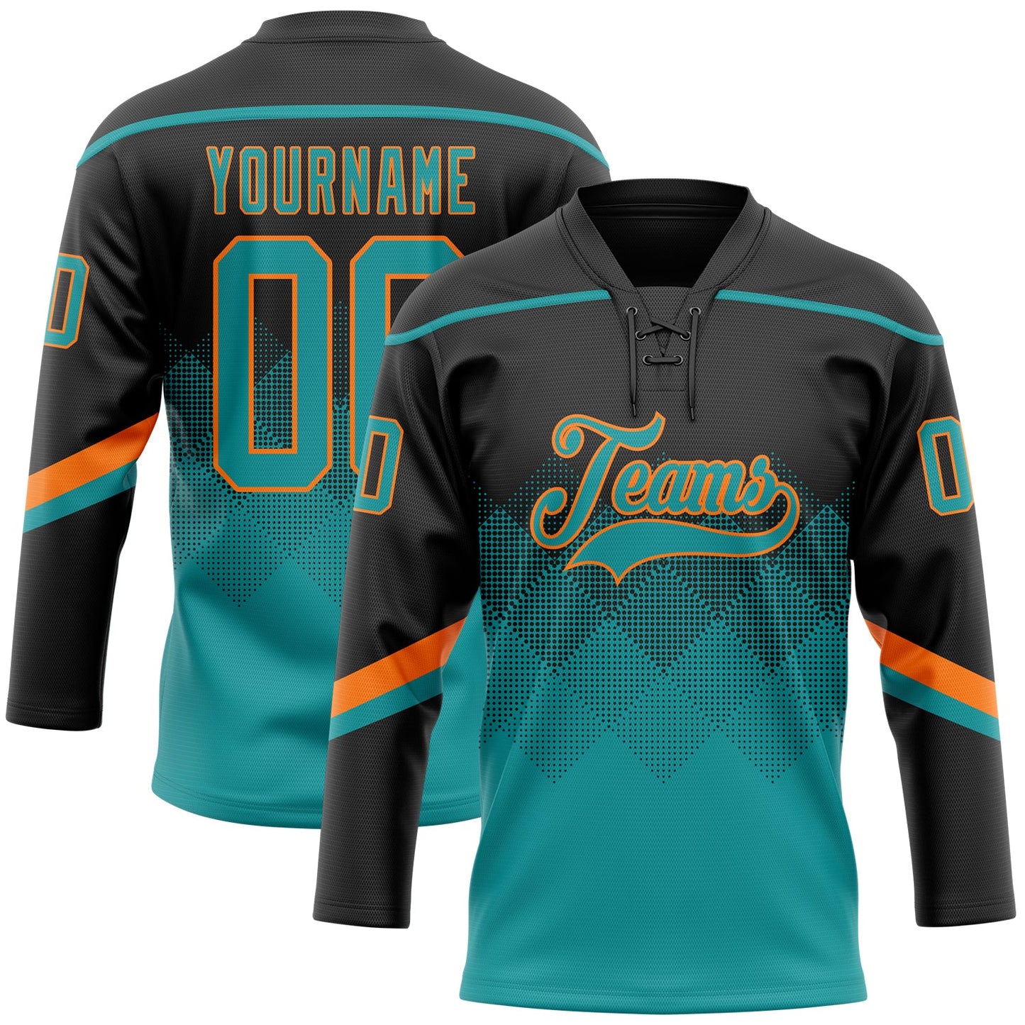 Custom Black Teal-Orange 3D Pattern Gradient Square Shapes Hockey Lace Neck Jersey - Main View