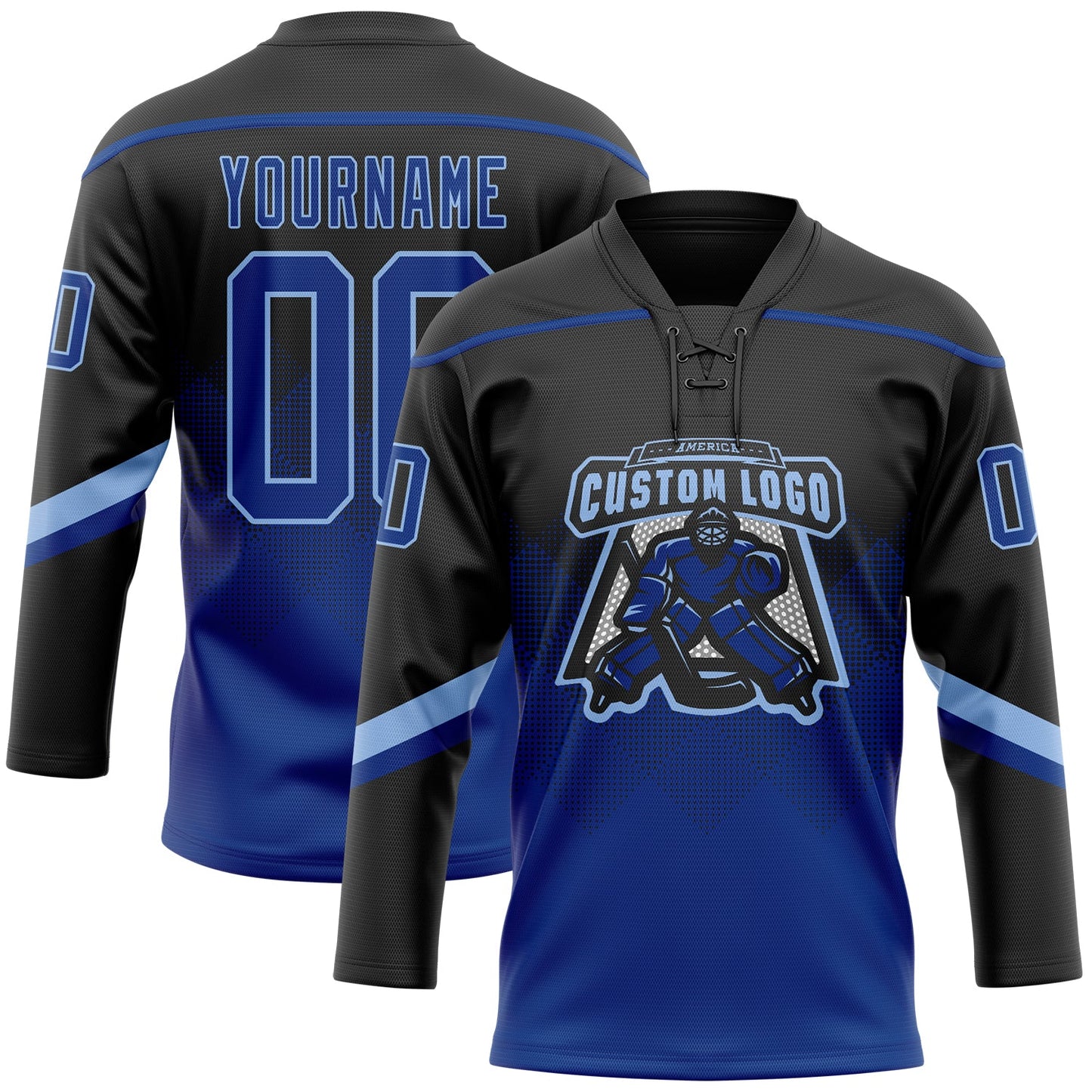 Custom Black Royal-Light Blue 3D Pattern Gradient Square Shapes Hockey Lace Neck Jersey view 2