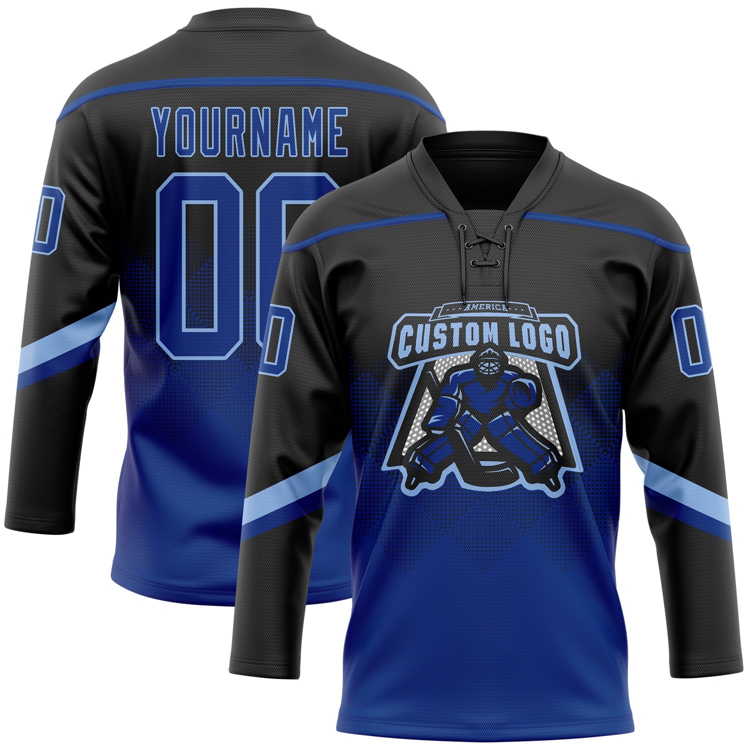 Custom Black Royal-Light Blue 3D Pattern Gradient Square Shapes Hockey Lace Neck Jersey view 2